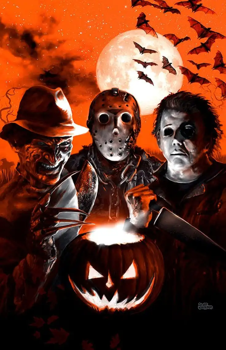 Three iconic horror movie villains — Freddy Krueger in his hat and glove, Jason Voorhees in his hockey mask, and Michael…