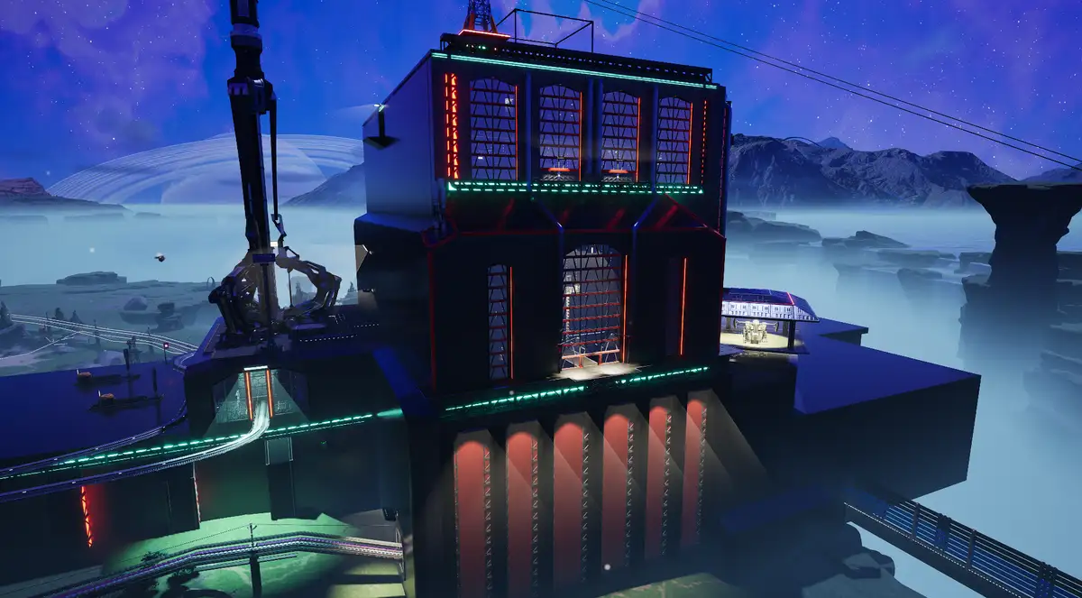 A screenshot from a video game shows a large, multi-level futuristic building with glowing red and green lights, situated on…