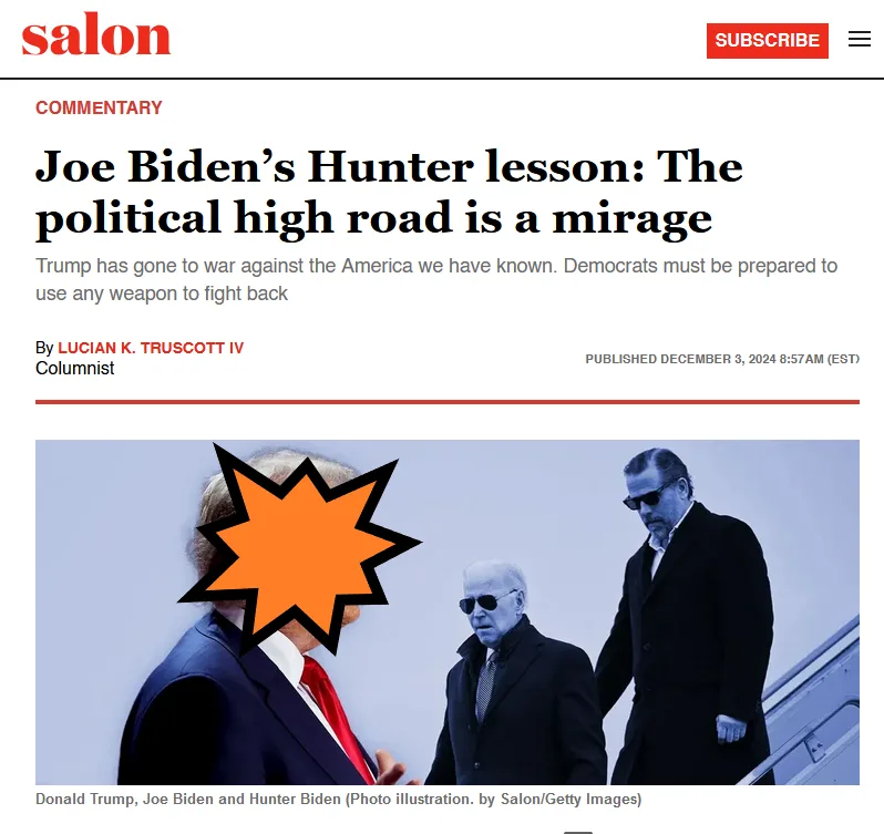 A screenshot of a Salon.com article header showing a photo illustration of three men: Donald Trump (with an orange starburst…