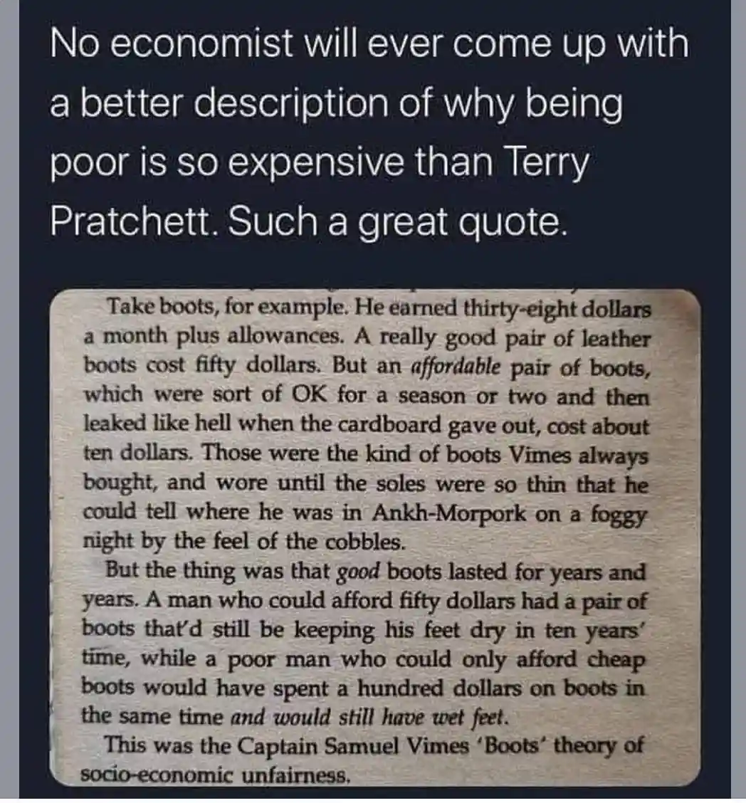 The image displays a dark background with white text at the top praising Terry Pratchett's quote on economic hardship…