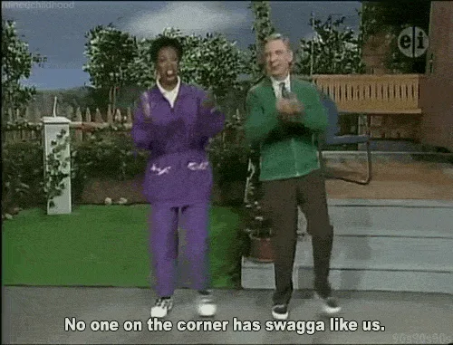 A six-panel image shows two men, one in a purple tracksuit and one in a green sweater, performing synchronized dance moves…