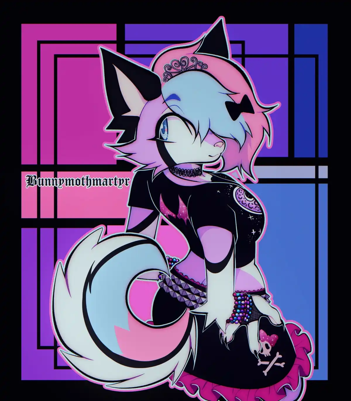 An anime-style anthropomorphic fox character with blue and pink hair, black cat ears, and a large white tail sits against a…