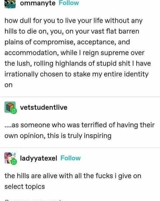 A screenshot of a social media thread where the first user mocks the 'flat plains of compromise' of others while boasting…
