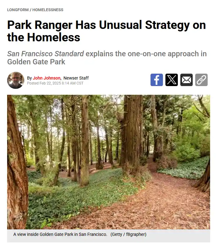 A screenshot of a news article from the San Francisco Standard with the headline 'Park Ranger Has Unusual Strategy on the…