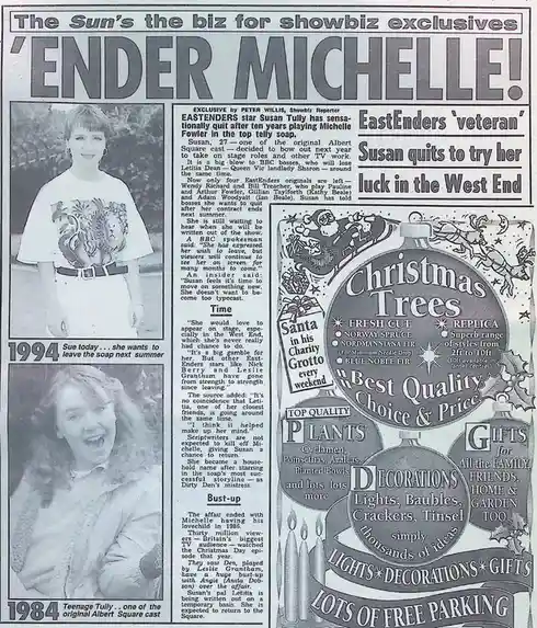 A 1994 newspaper clipping from 'The Sun' features a headline 'ENDER MICHELLE!' and an article about EastEnders actress Susan…