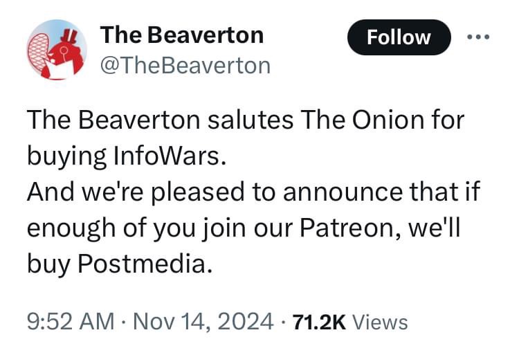 A screenshot of a tweet from the Twitter account 'The Beaverton' with a red beaver logo. The tweet text reads: 'The…