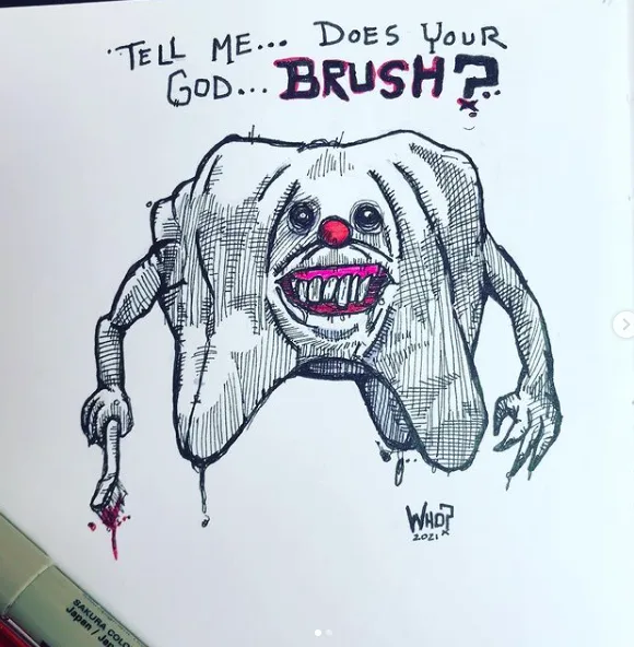 A hand-drawn sketch depicts a grotesque, tooth-shaped humanoid creature with a red nose, wide eyes, and sharp teeth, holding…