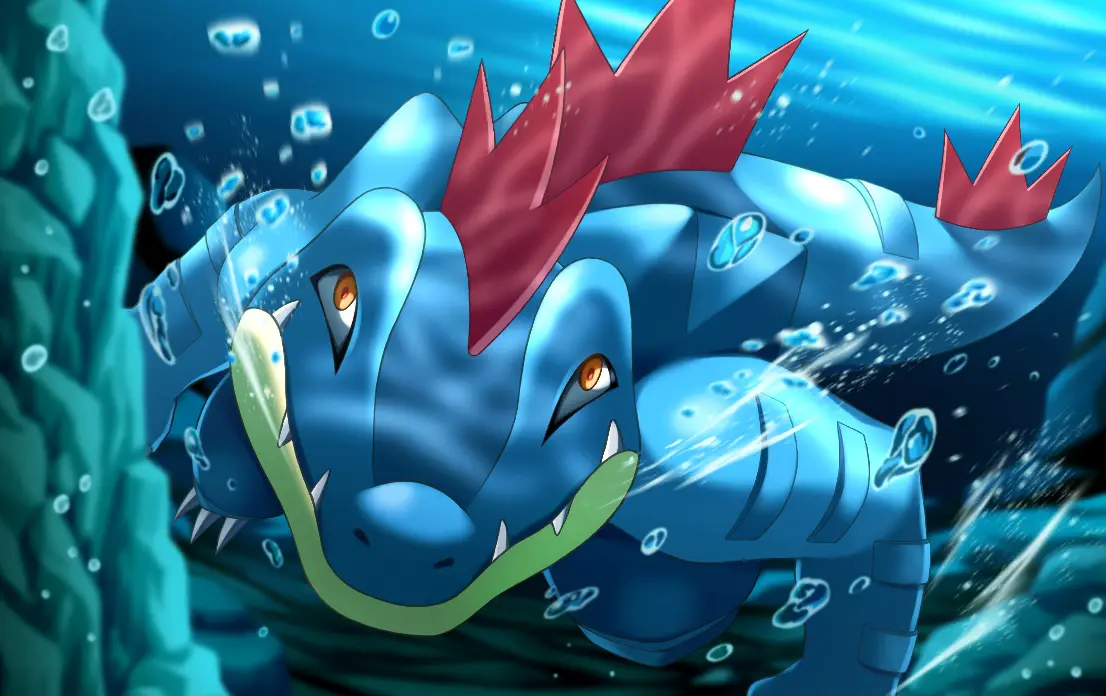 A blue, crocodile-like Pokémon with red spiky crests and a green tongue is swimming underwater, surrounded by bubbles and…