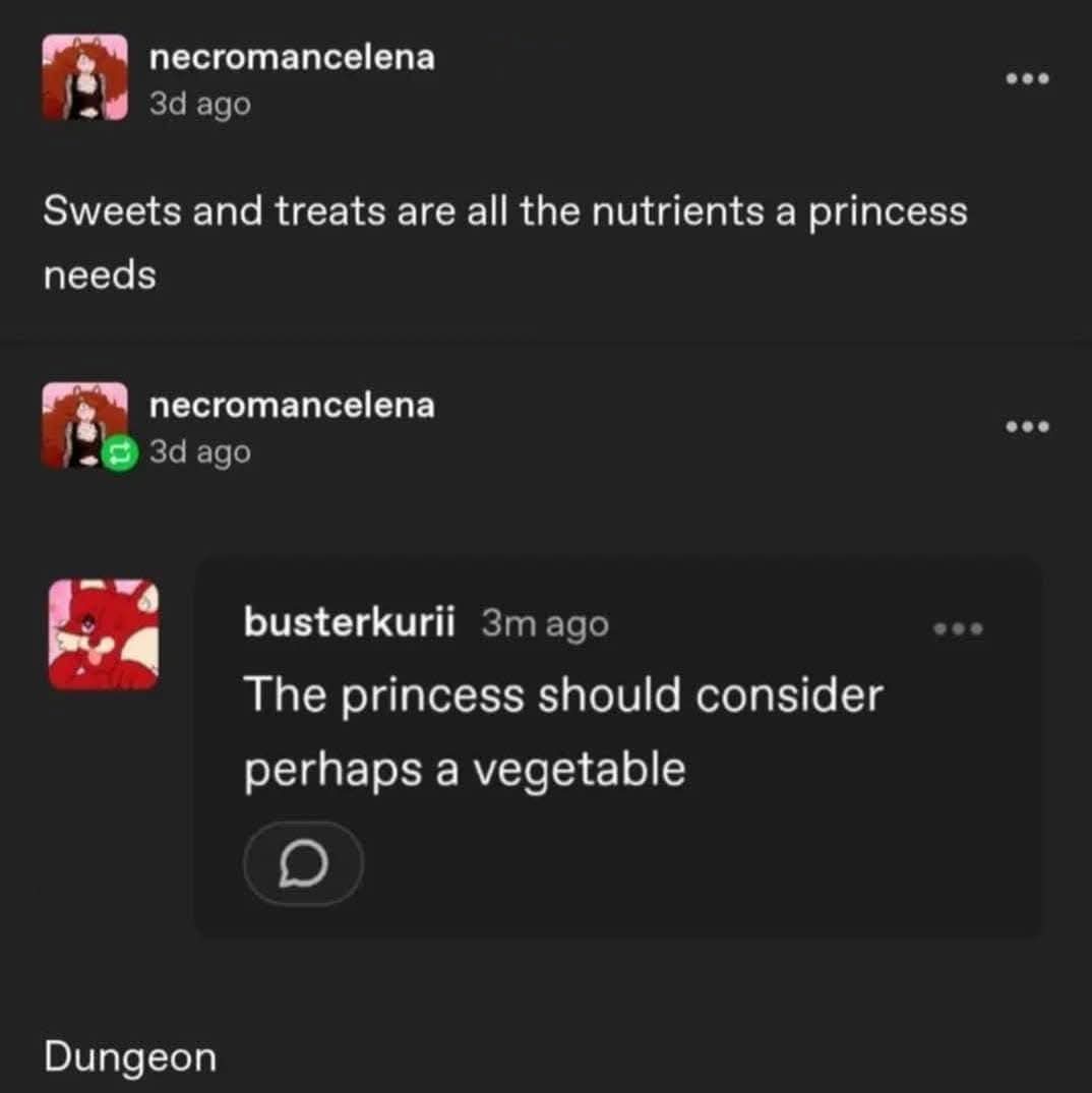A screenshot of a Discord chat shows user 'necromancelena' posting 'Sweets and treats are all the nutrients a princess…