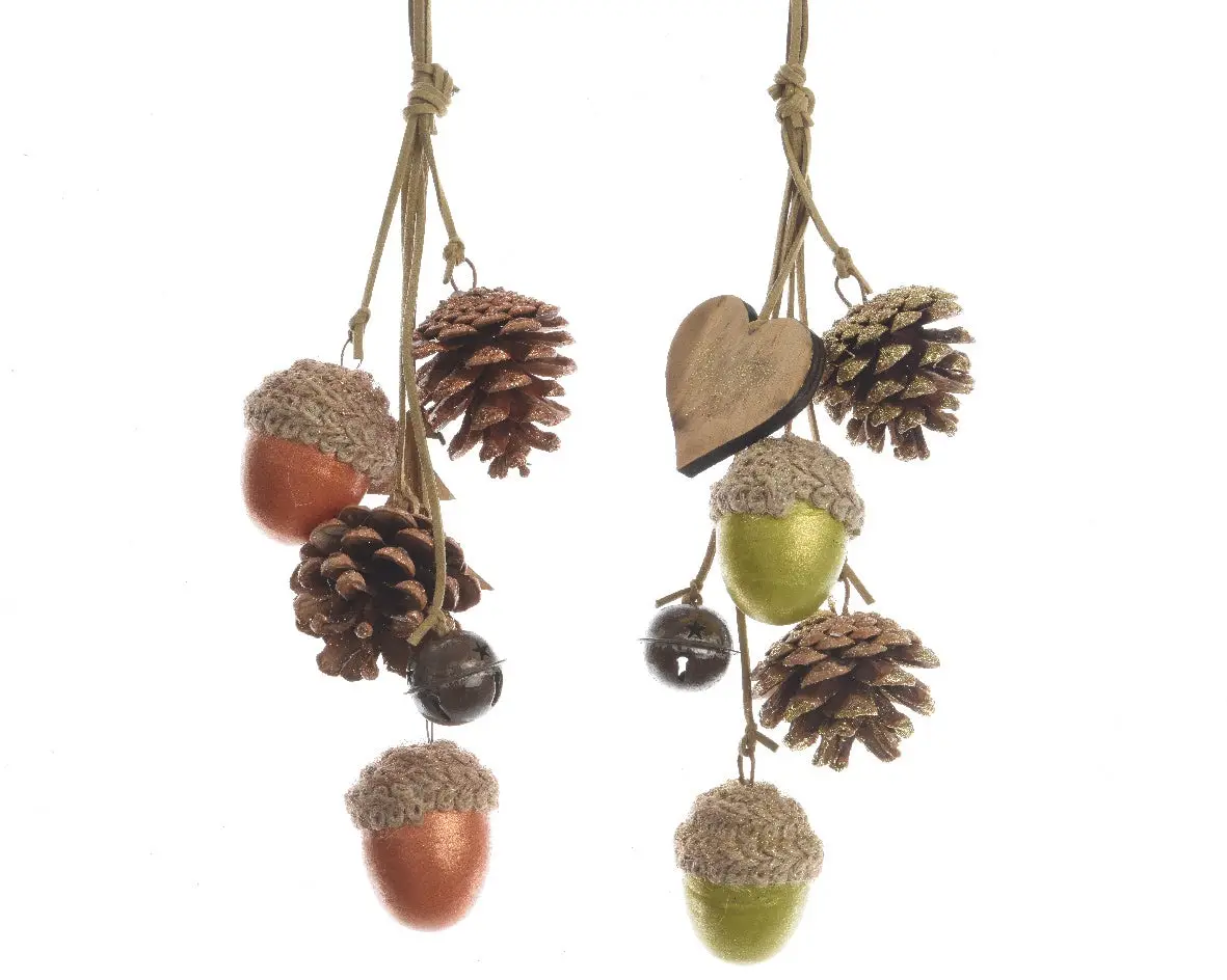 Two identical hanging autumn-themed decorations, each with pinecones, acorns with fuzzy caps, and small bells, are shown…
