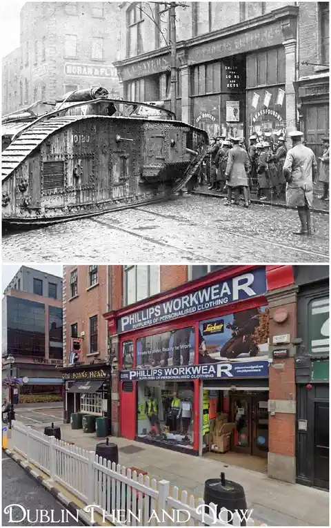 The image is a two-panel comparison of Dublin street scenes. The top panel shows a black-and-white photo from the past with…