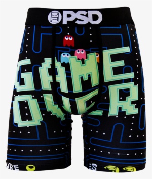 A pair of black boxer briefs with a retro video game design, featuring the words 'GAME OVER' in large pixelated green…