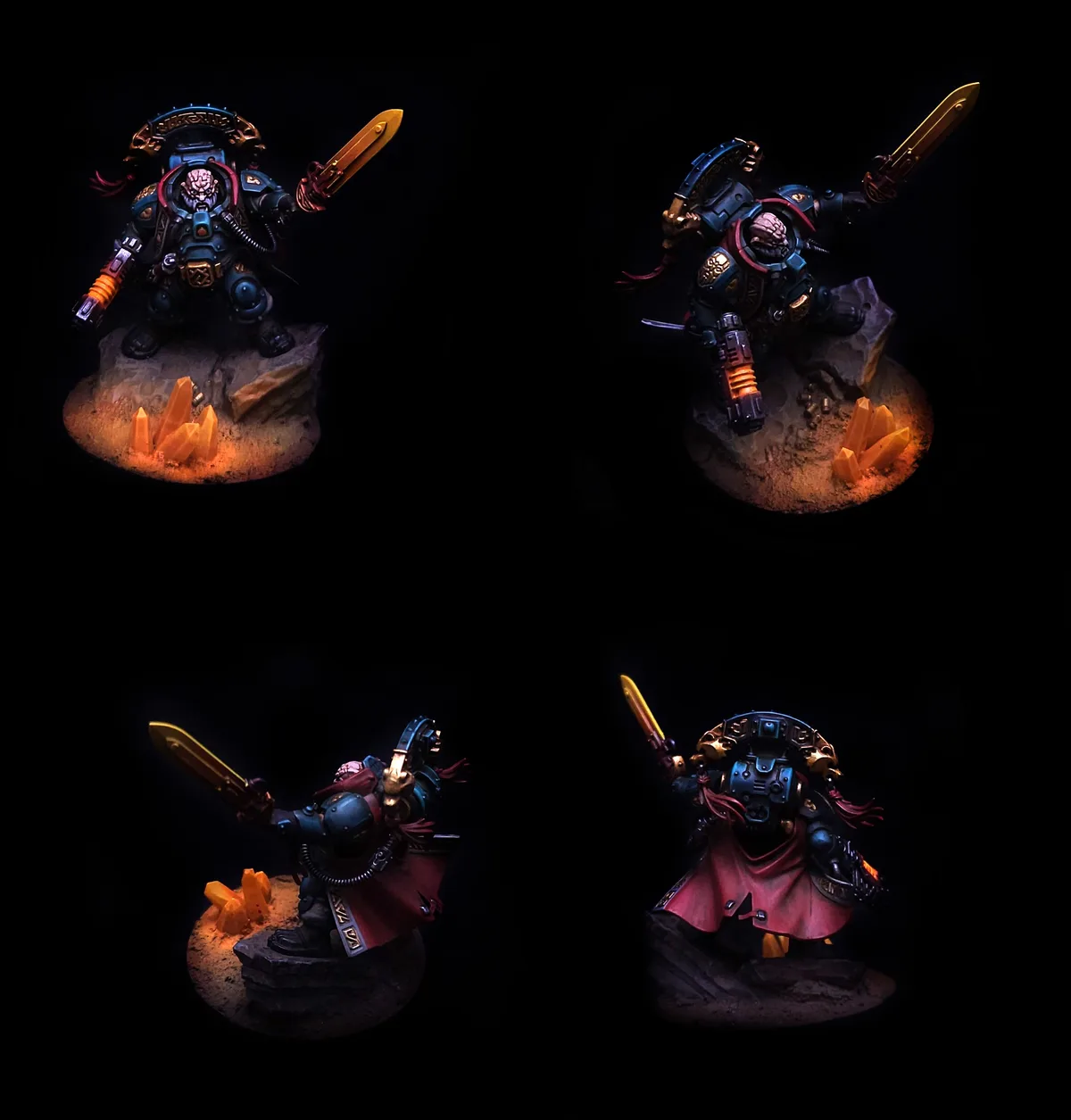 Four images show the same heavily armored, sword-wielding miniature figure from different angles, each with a distinct paint…