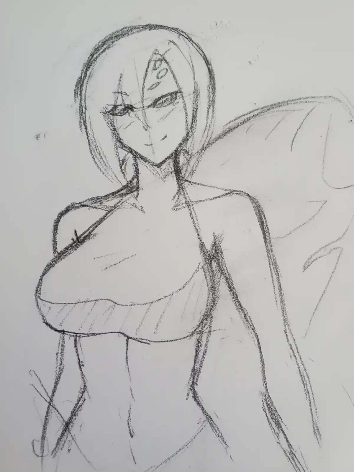 A rough pencil sketch of an anime-style female character with long hair, a headband, and a revealing outfit, drawn on white…