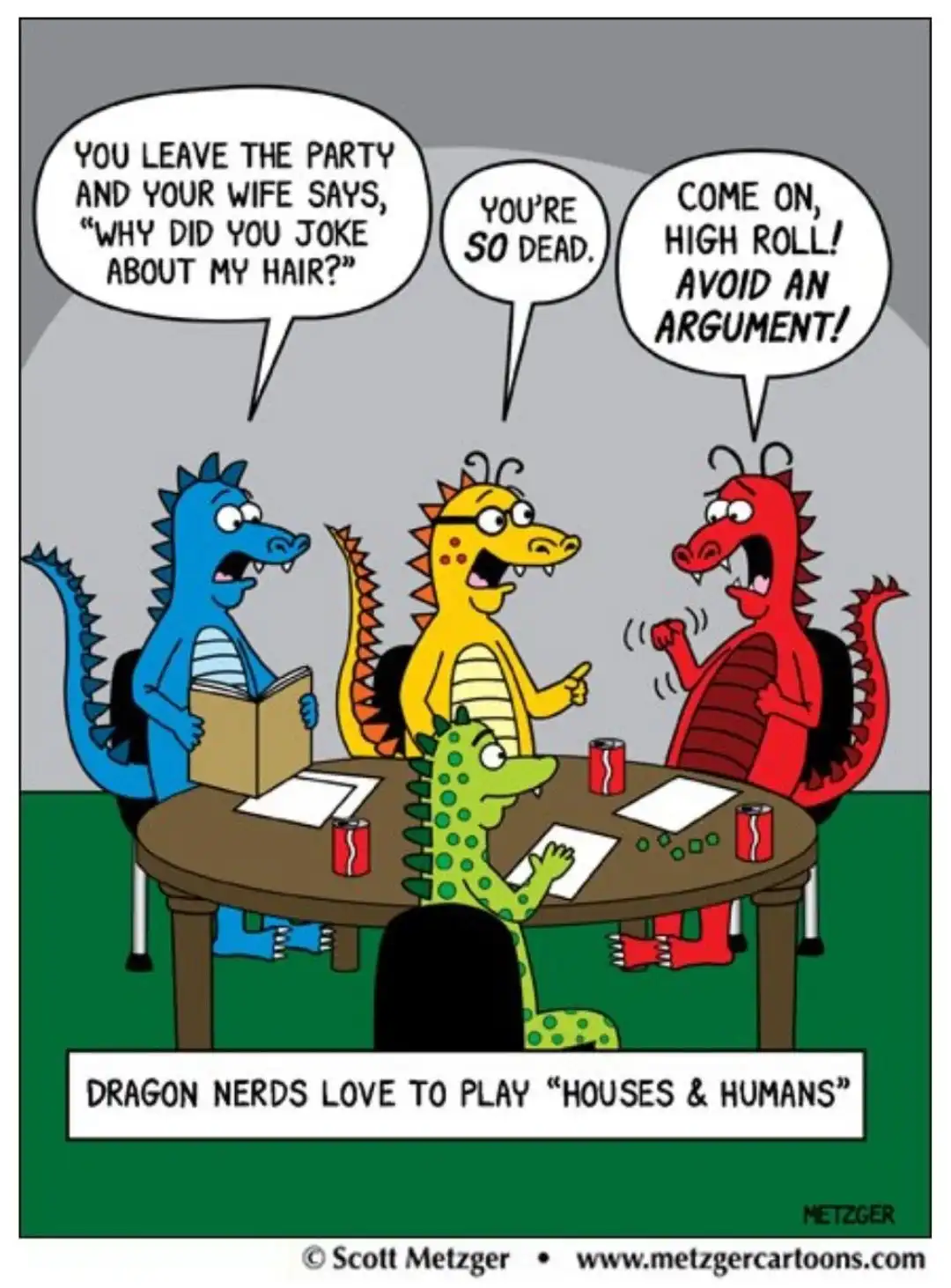 Four cartoon dragons sit around a table playing a game, with speech bubbles showing a humorous argument about a joke made at…