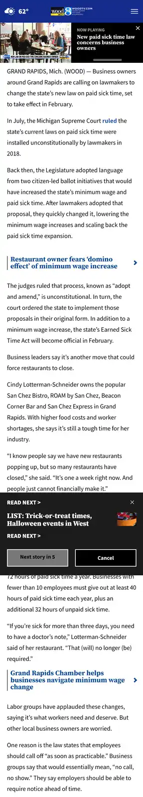 A screenshot of a WoodTV.com news article about Michigan's new paid sick time law, featuring a headline about restaurant…
