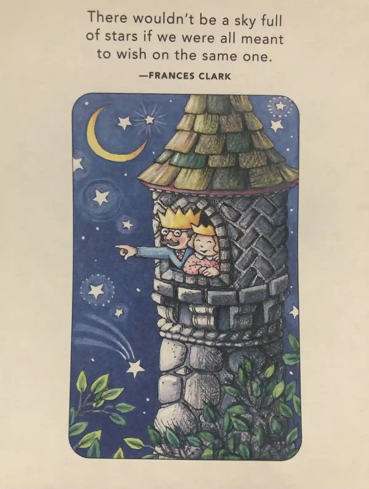 An illustrated image shows a cartoon man and woman wearing crowns, peeking out from a stone tower at a starry night sky with…