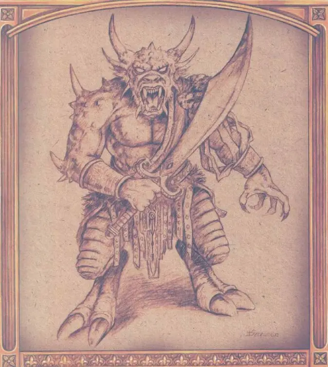 A sepia-toned, framed pencil sketch depicts a muscular, horned, demonic-looking creature with a snarling face, holding a…