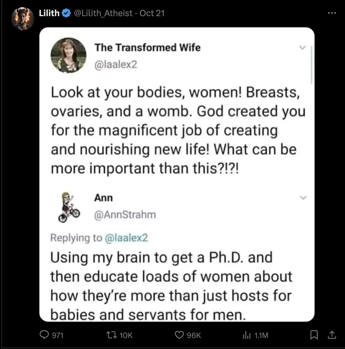 A screenshot of a Twitter thread where user @laalex2 posts a religiously framed message about women's bodies being for…