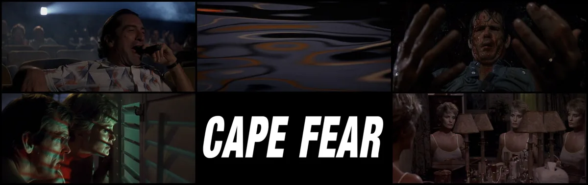 A collage of five movie stills from 'Cape Fear' showing a man smoking in a theater, abstract water ripples, a bloody man…