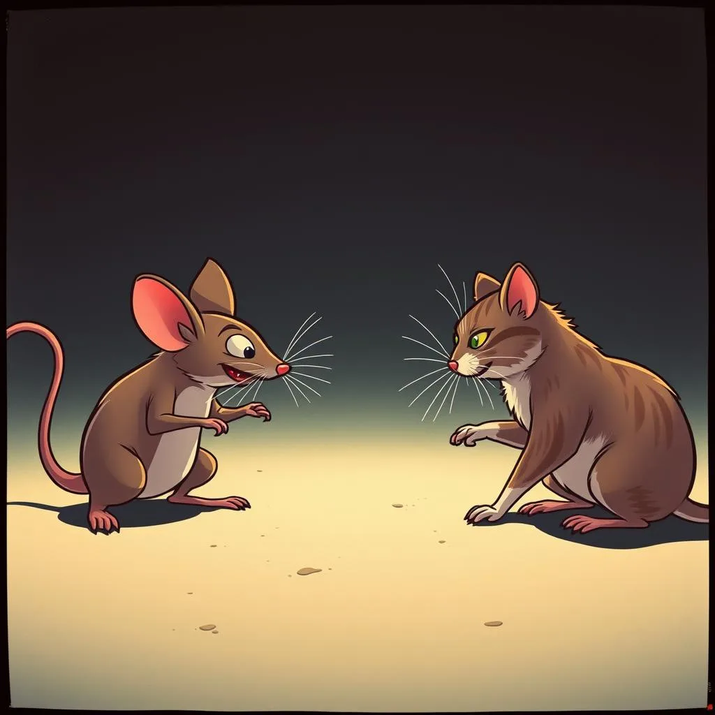 A cartoon mouse with a wide, cheerful grin faces a crouching, menacing-looking cat with narrowed green eyes. The mouse…