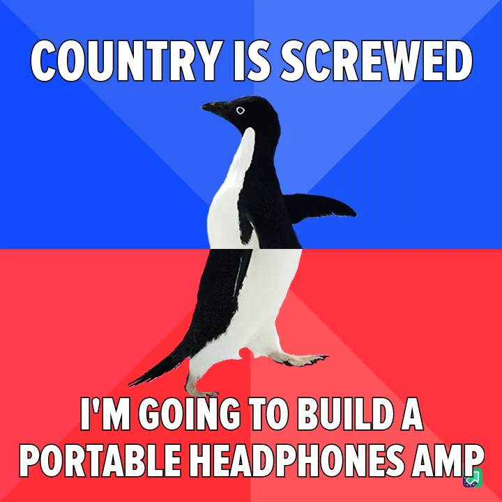 A penguin stands centered against a blue and red background, with the text 'COUNTRY IS SCREWED' at the top and 'I'M GOING TO…