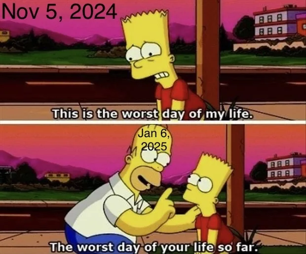 The image is a two-panel meme featuring Bart Simpson. In the top panel, dated 'Nov 5, 2024', Bart looks distraught and says…
