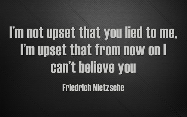 A dark gray textured background displays white text quoting Friedrich Nietzsche: 'I'm not upset that you lied to me, I'm…
