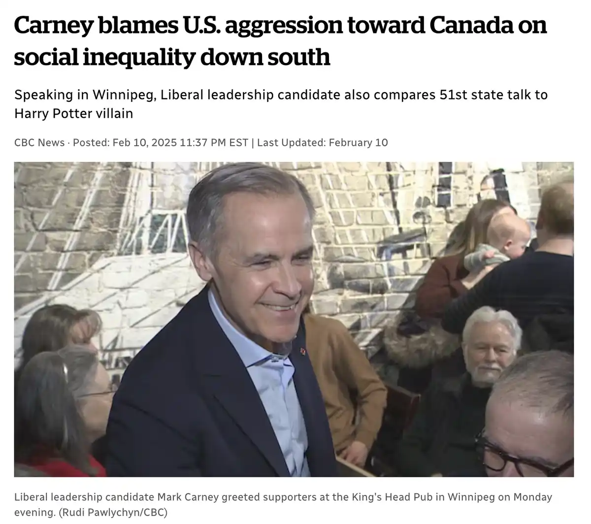 A news article screenshot shows Liberal leadership candidate Mark Carney smiling at a public event, with the headline…