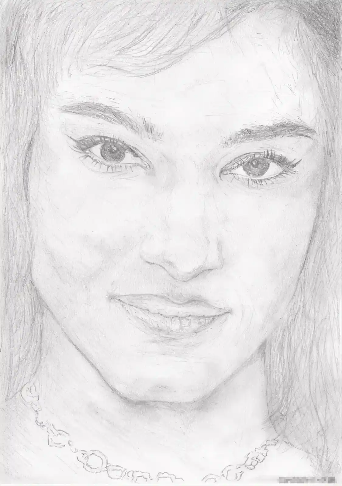 A detailed pencil sketch of a young woman's face, showing her eyes, nose, lips, and hair, with a chain necklace visible at…