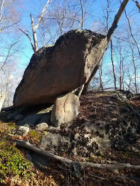 A large, oddly balanced boulder rests precariously on a smaller rock in a forest with bare trees and fallen leaves under a…