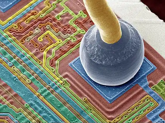 A microscopic image shows a plunger resting on a colorful circuit board, with the word 'plunger' overlaid as text. The…
