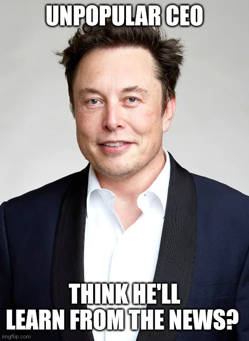A headshot of Elon Musk smiling, wearing a dark suit jacket over a white collared shirt, with bold white text overlaid at…