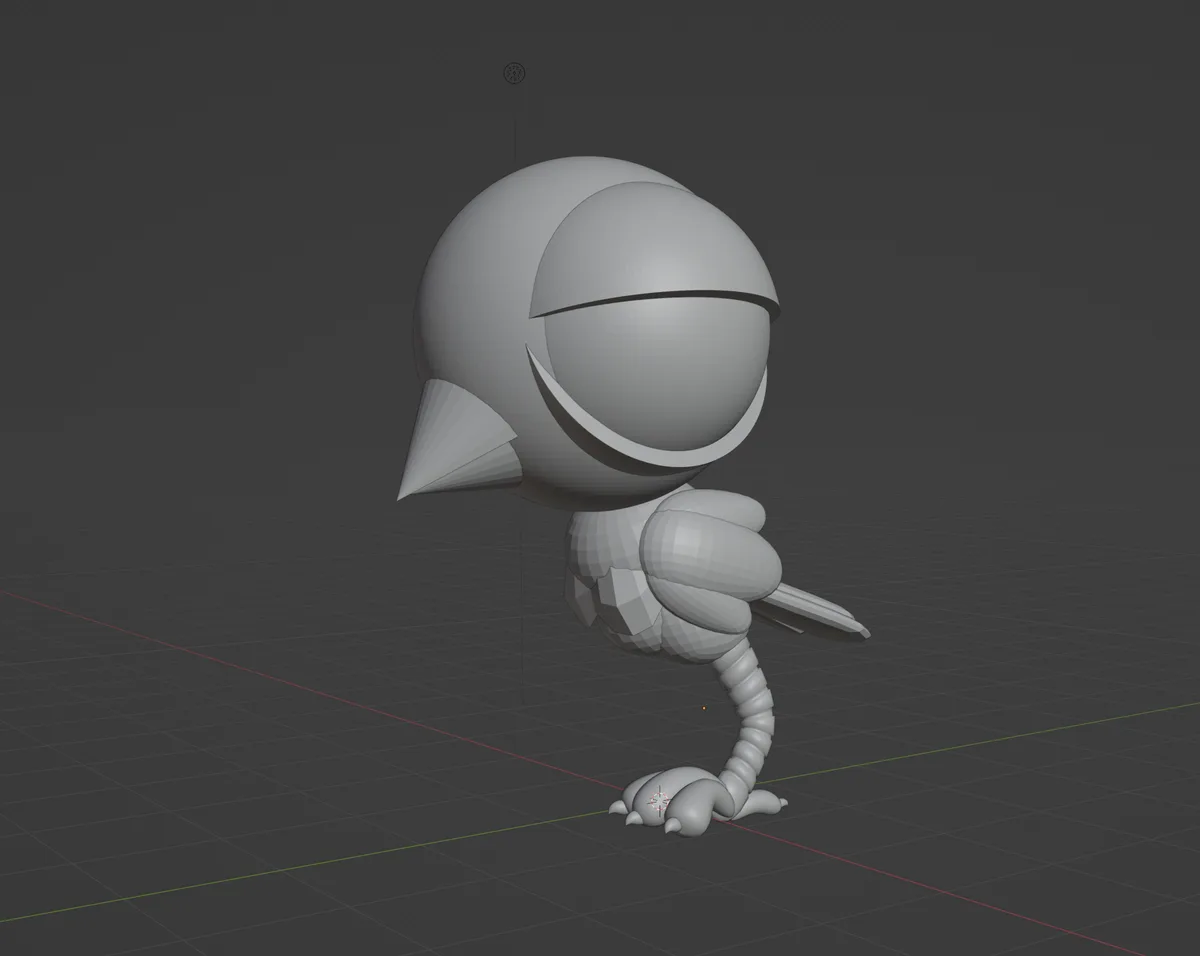 A 3D model of a stylized, grey, bird-like creature with a large head, sharp beak, and long tail stands on a grid floor in a…