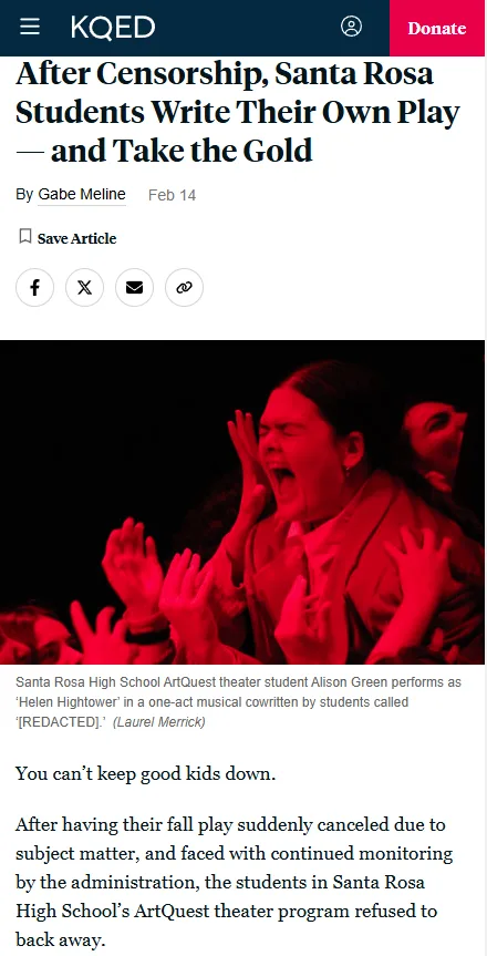 A screenshot of a KQED news article with a red-tinted photo of a young woman screaming with her hands raised, surrounded by…