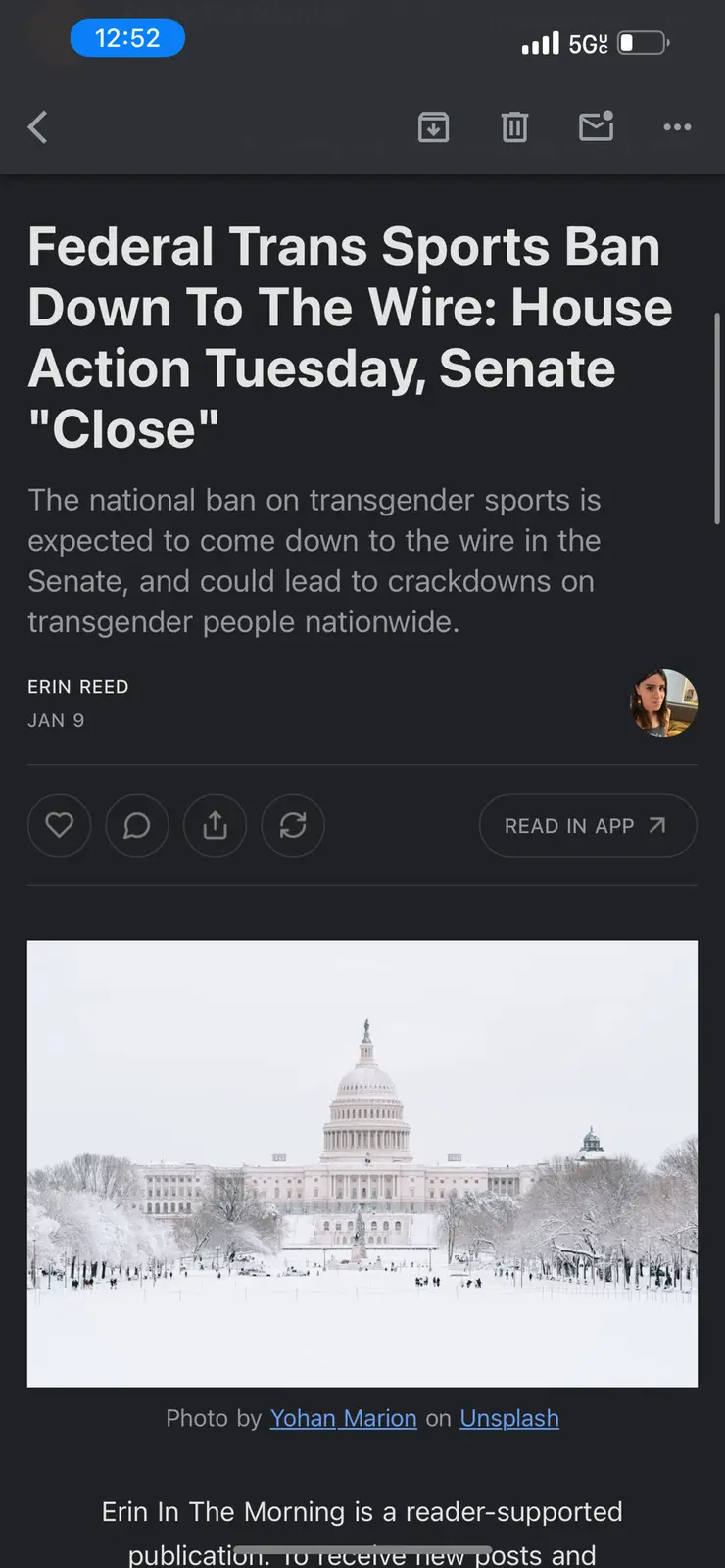A screenshot of a news article from 'Erin In The Morning' with a headline about a federal transgender sports ban being…
