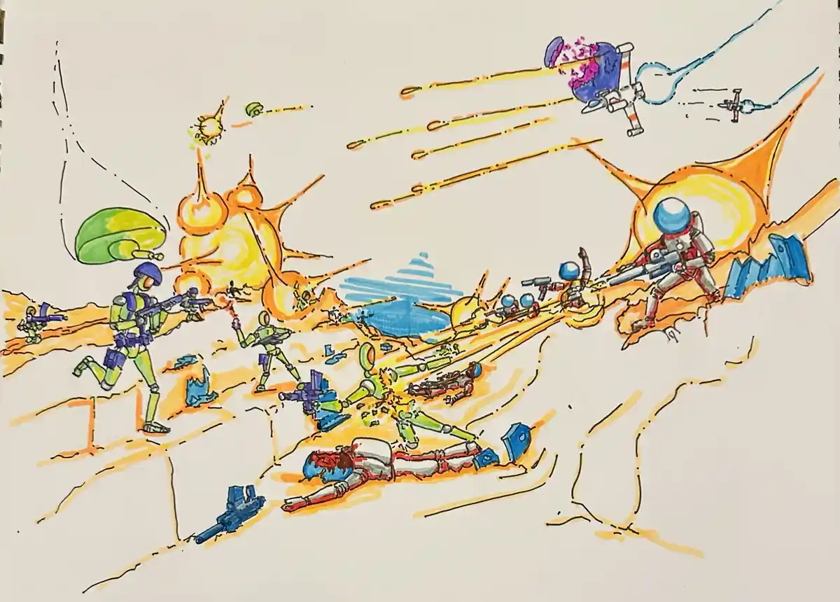A colorful, hand-drawn sci-fi battle scene depicts humanoid figures in futuristic armor firing weapons amidst explosions and…