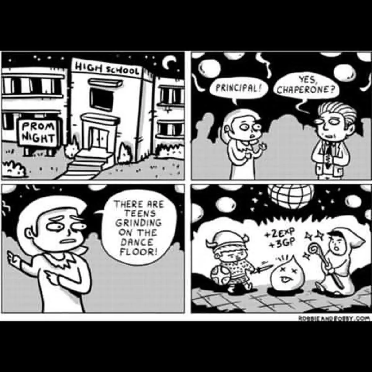 A four-panel black-and-white comic strip shows a school prom night. A student excitedly alerts the principal about teens…