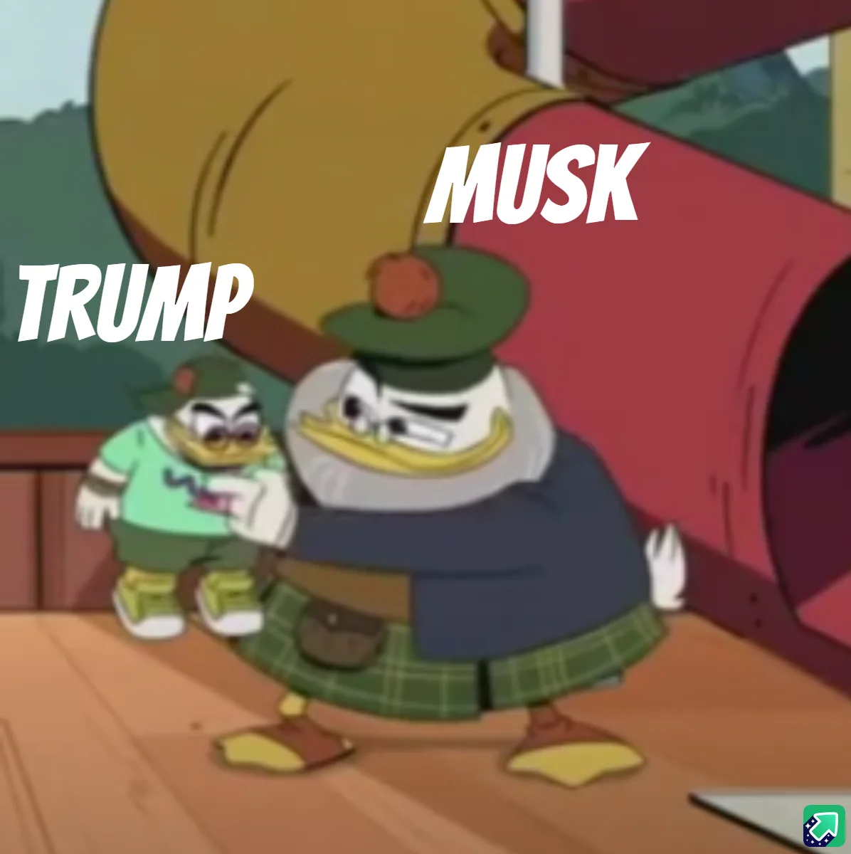 An image from the animated series 'DuckTales' shows Scrooge McDuck in a kilt and hat, looking sternly at a smaller duckling…