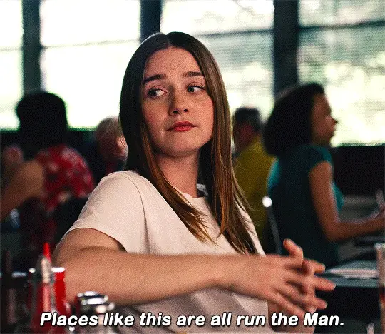 A six-panel meme featuring a young woman in a white t-shirt sitting at a diner table, repeating the phrase 'Places like this…
