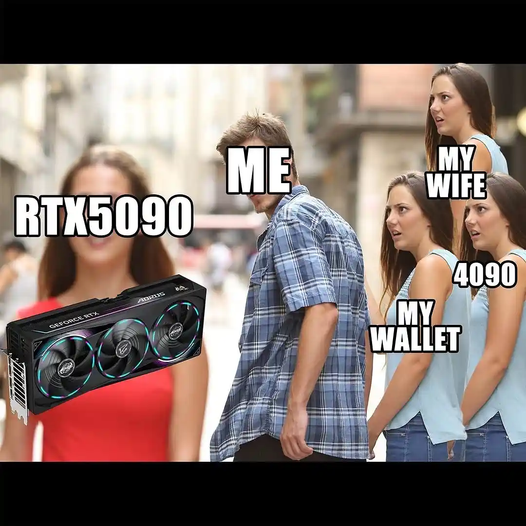 A man in a plaid shirt stands in the middle of a street, looking at a large graphics card labeled 'RTX5090' held by a woman…