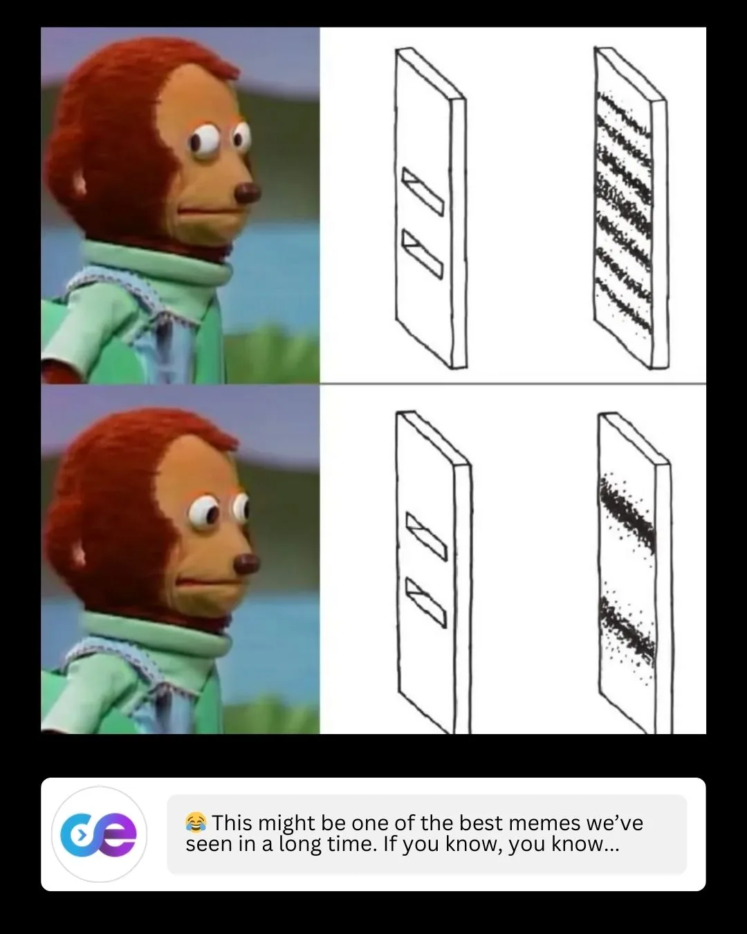 The image is a four-panel meme featuring a puppet monkey with a skeptical expression looking at two illustrated doors. The…