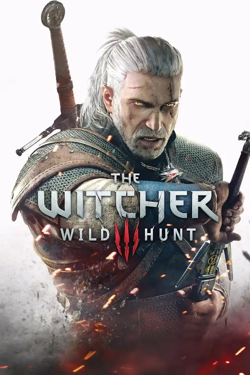 A promotional image for The Witcher 3: Wild Hunt featuring the main character Geralt of Rivia, a white-haired witcher with…