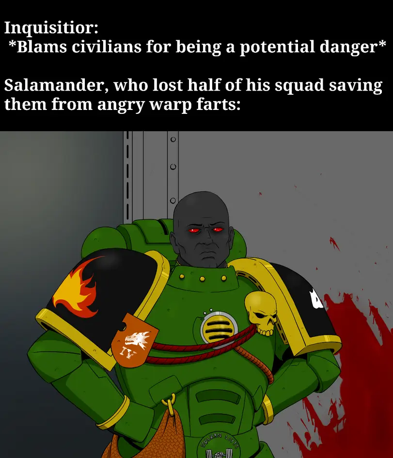 A digitally illustrated character in green power armor with red eyes, black pauldrons with flame and skull motifs, and a…