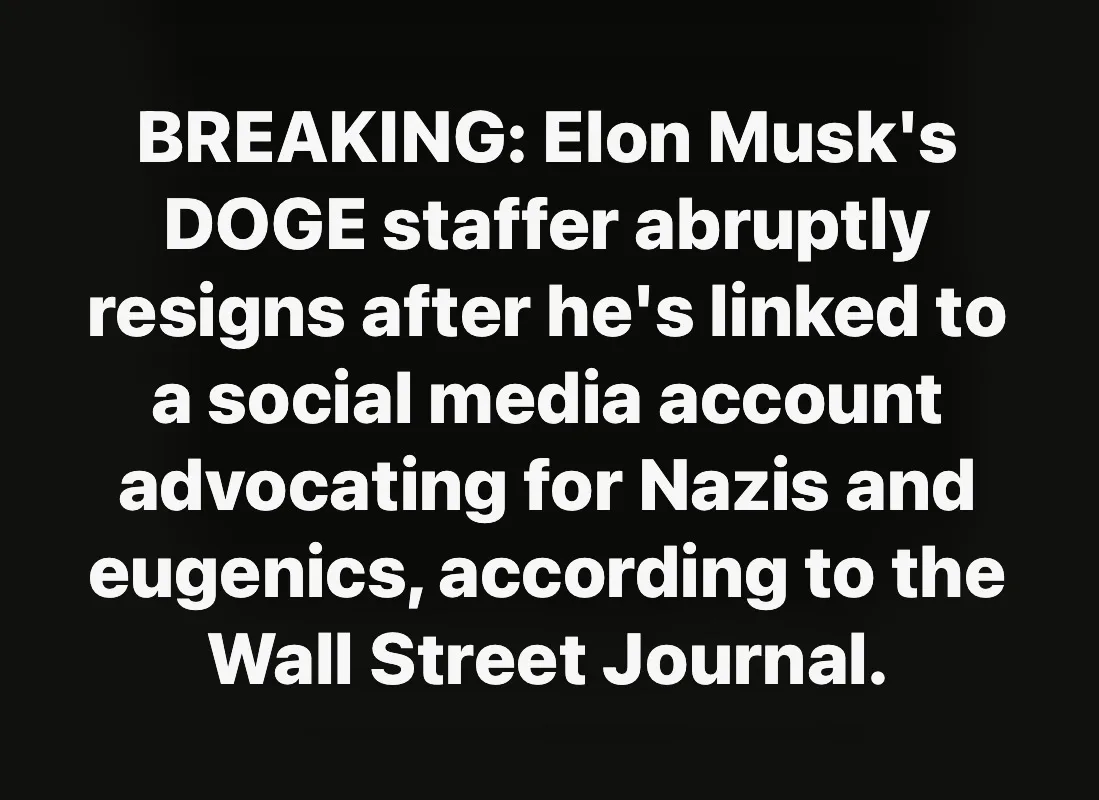 A black background with large white text mimicking a breaking news headline. The text reads: 'BREAKING: Elon Musk's DOGE…
