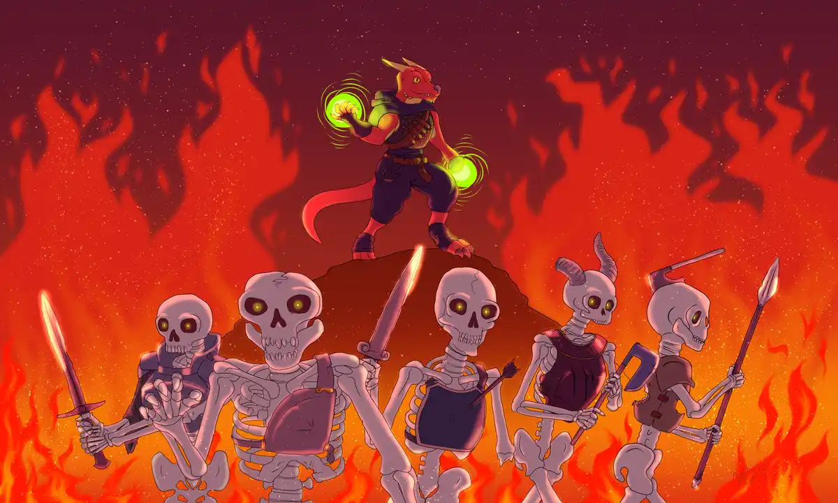 A red dragonborn character stands atop a rock, glowing green orbs in both hands, surrounded by five skeletal warriors…