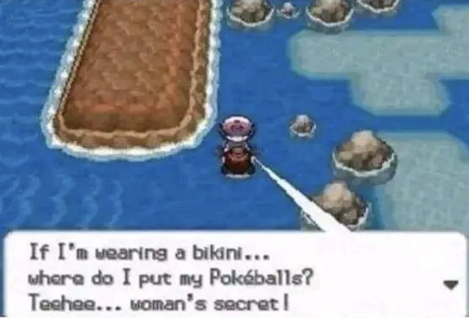 A screenshot from a Pokémon game shows a female character in a bikini standing on a small island surrounded by water. A…