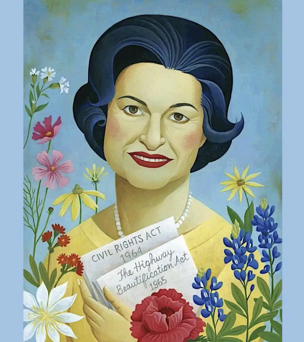 A stylized portrait of a woman with dark blue hair and red lipstick, wearing a yellow dress and pearl necklace, surrounded…