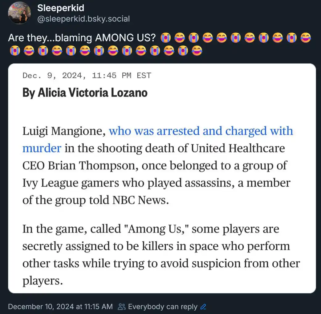 A screenshot of a social media post showing a news article snippet about Luigi Mangione being arrested for murder, with…
