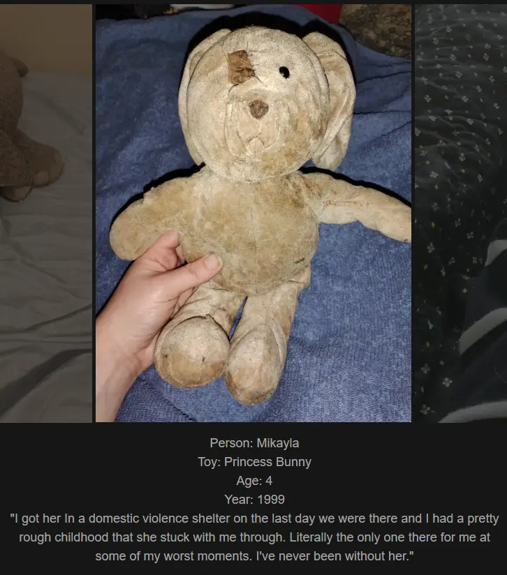 A hand holds a very worn, beige stuffed bunny with a torn ear and faded fabric, resting on a blue blanket. Overlaid text…